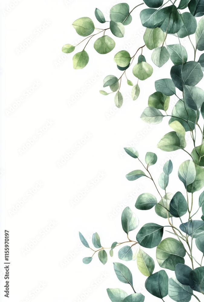 Obraz premium Fresh eucalyptus leaves arranged artistically on a clean white background in a serene design