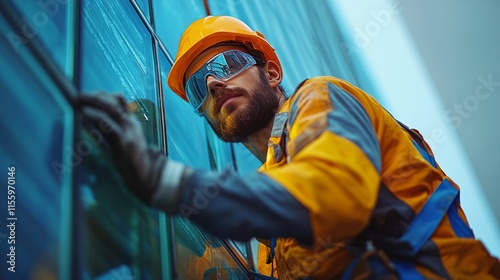 Worker climbs tall building to clean glass surfaces during bright sunset