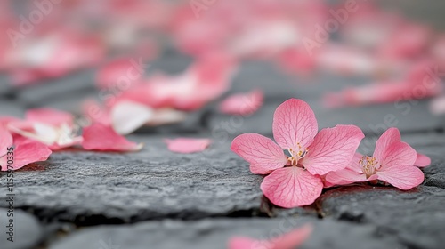 Cherry blossom petals scattered on a cobblestone path in a serene garden duri...