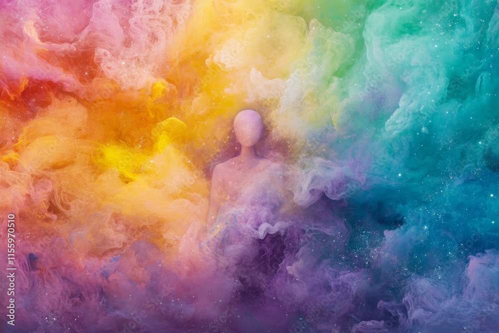 Obraz premium Abstract rainbow dreams: ethereal figure in colorful smoke swirls
