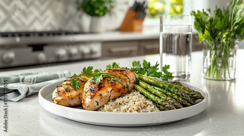 Grilled chicken breast with quinoa and asparagus. photo