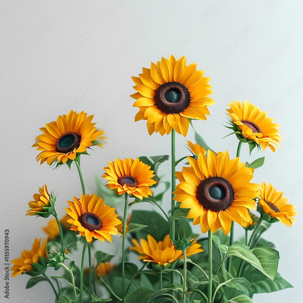 Fototapeta premium Vibrant Sunflowers in Minimalist Setting: Cheerful Summer Floral Arrangement, Studio Shot