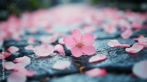 Cherry blossom petals scattered on a cobblestone path in a serene garden duri...