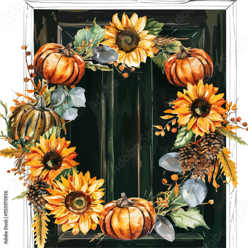 A watercolor drawing of a fall wreath with sunflowers and pumpkins hanging, isolated on a white background. Fall wreath vector.
