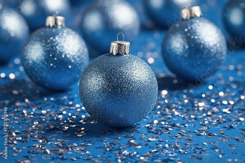 Sparkling blue and silver ornaments scattered on a vibrant background for fes...