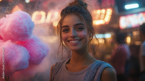 Joyful young woman enjoying cotton candy at a vibrant fairground during twilight