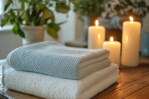 Cozy spa setting with candles and stacked towels beside window