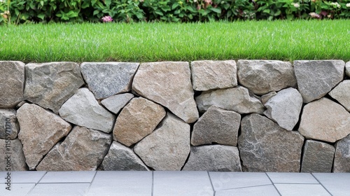 Hardscaping project with stone retaining wall and greenery for spring garden design