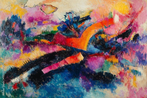 Colorful abstract artwork featuring geometric shapes and vibrant hues in a st...