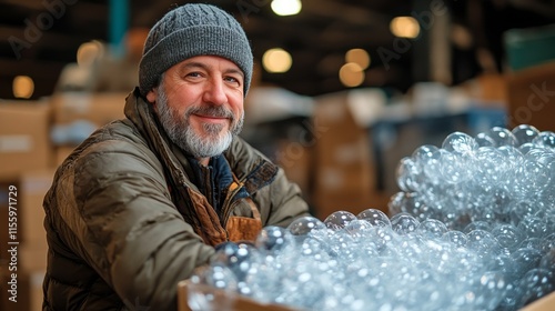Worker arranging blue glass marbles in a large cardboard box in a warehouse s...
