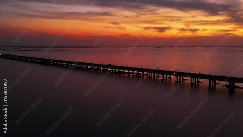 Beautiful sunset over a bridge with tranquil waters reflecting vibrant colors near the coast Beautiful sunset over a bridge with tranquil waters reflecting vibrant colors near the coast