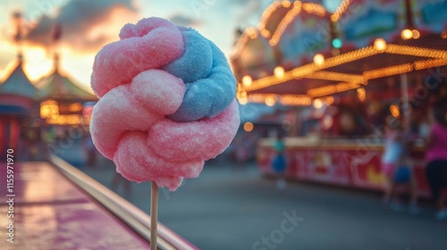 Colorful cotton candy held at a lively fairground during sunset
