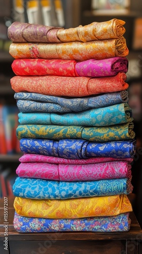 Vibrant collection of folded fabrics displayed on a wooden table in a warmly ...