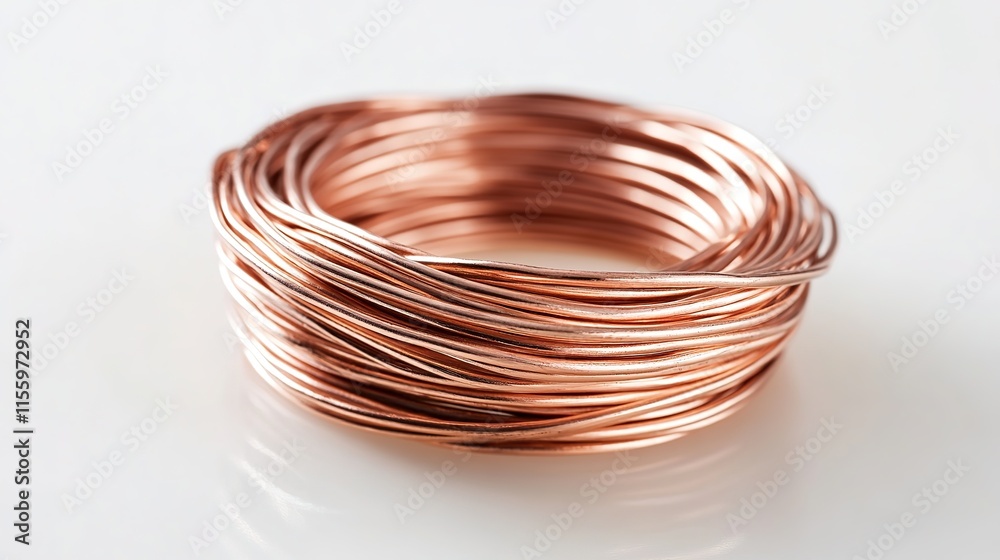Copper wire coil showcases intricate loops, reflecting light wit Copper wire coil showcases intricate loops, reflecting light wit