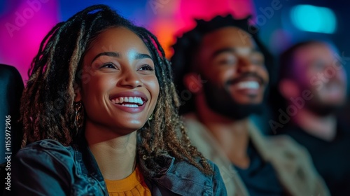 Smiling young woman enjoying a lively atmosphere in a vibrant setting