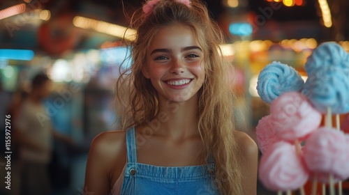 Smiling girl stands in carnival with colorful cotton candy and bright lights ...