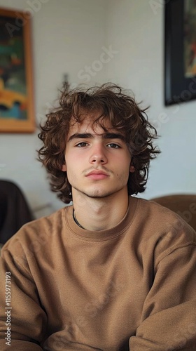 Young man with curly hair poses thoughtfully in a cozy indoor setting