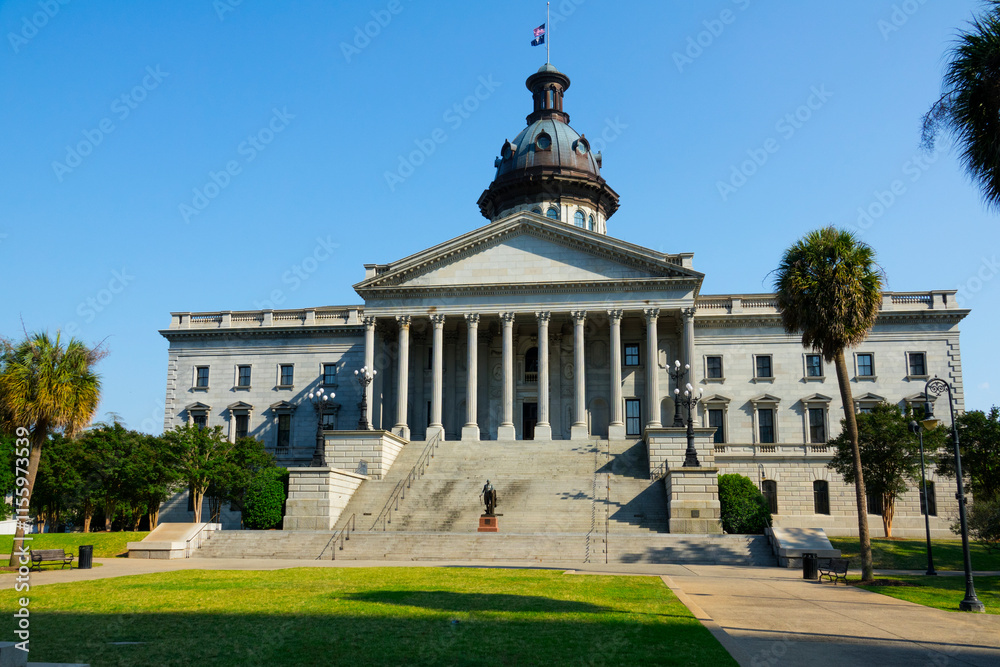 Fototapeta premium Columbia South Carolina home of the Statehouse Capital building with a rich history. ststue of George Washington the first president of the United States in in front of the building