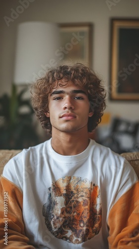 Young man with curly hair poses thoughtfully in a cozy indoor setting