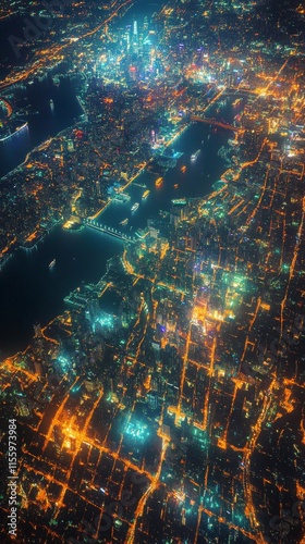 City skyline illuminated at night with busy highways and bright building ligh...