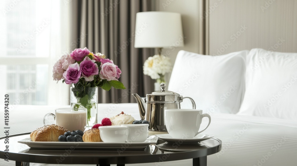 Luxurious breakfast in bed with coffee and pastries for a relaxing morning retreat Luxurious breakfast in bed with coffee and pastries for a relaxing morning retreat