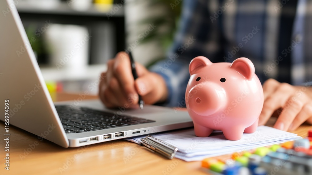 Saving for the future budgeting strategies at home office financial planning indoor close-up personal finance Saving for the future budgeting strategies at home office financial planning indoor close-up personal finance