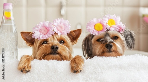 Luxurious pet spa day with relaxation therapies and floral themes for pampered dogs photo