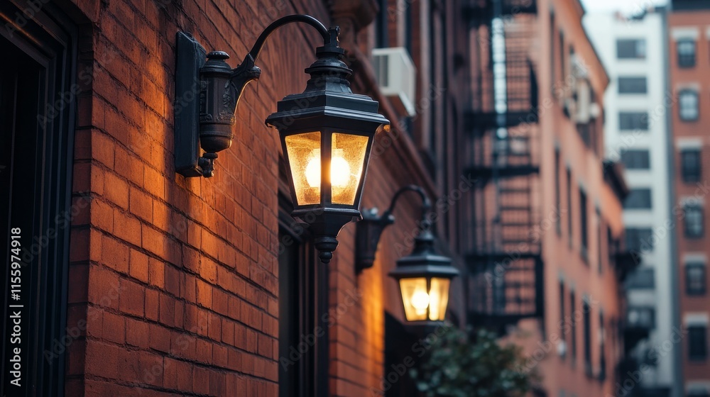 Classic building architecture in New York City. The outside of a residential urban home. real estate in the United States. A typical facade made of red brick. Stone Street. Classic building architecture in New York City. The outside of a residential urban home. real estate in the United States. A typical facade made of red brick. Stone Street.
