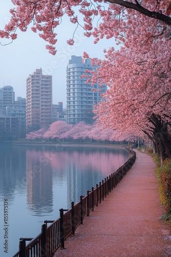 Beautiful cherry blossom trees along a pathway with city skyline view at sunrise