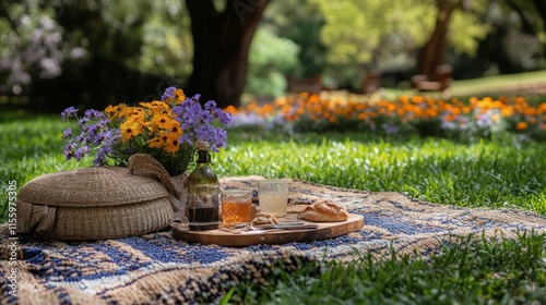 Enjoying a colorful picnic with fresh juices and fruits in a sunny park