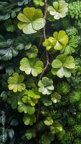 Lush green leaves of a climbing plant thriving in natural sunlight with vibra...