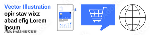 Smartphone with analytics, shopping cart in a chat bubble, and a globe. Ideal for online shopping, e-commerce, global business, mobile commerce, digital marketing, data analytics, website graphics