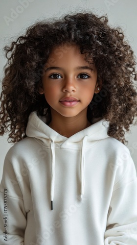 Young girl with curly hair wearing white hoodie against neutral background