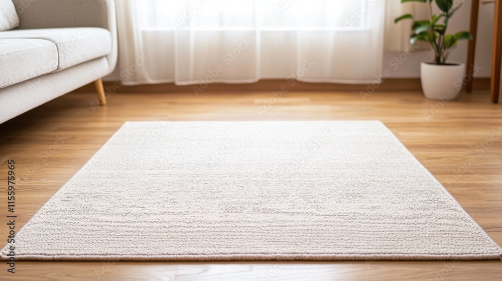 Fototapeta premium Minimalist living room with clean rug and natural light for spring inspiration