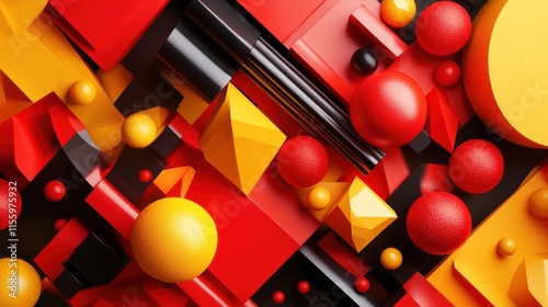 Abstract 3D Composition: Red, Yellow, and Black Geometric Shapes