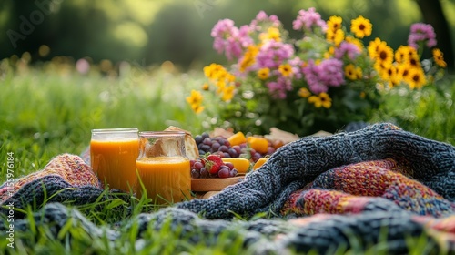 Enjoying a colorful picnic with fresh juices and fruits in a sunny park