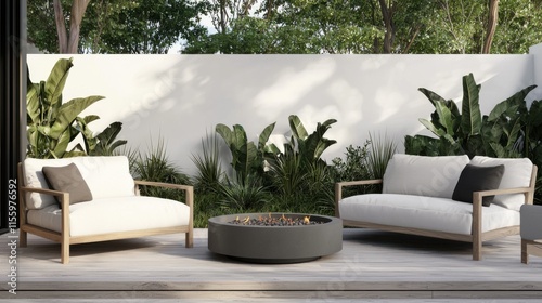 Modern backyard oasis with fire pit and lush greenery for relaxation and outdoor gatherings