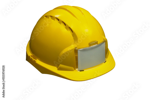 Yellow protective helmet with transparent visor on transparent background