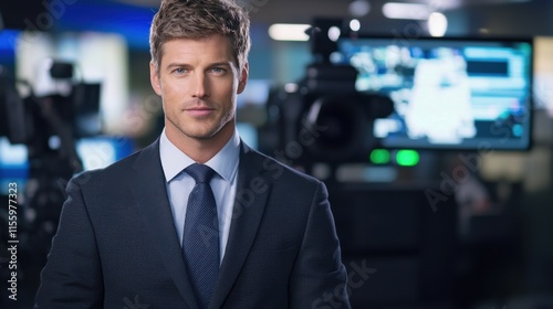 News anchor reporting amidst chaotic breaking news in studio environment