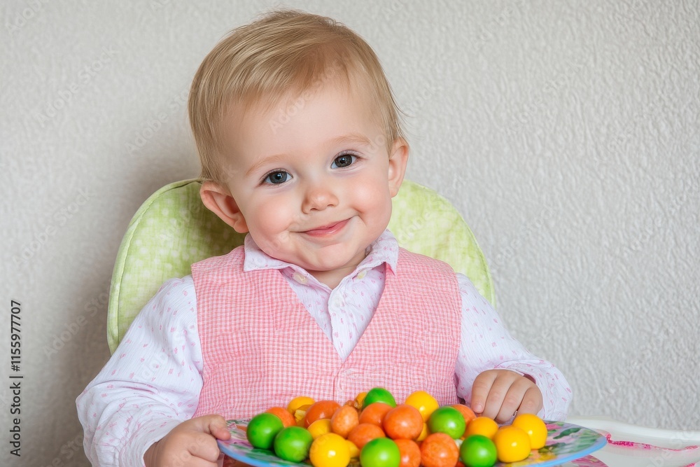 A tiny baby, bib-clad, eating with a white background behind them A tiny baby, bib-clad, eating with a white background behind them