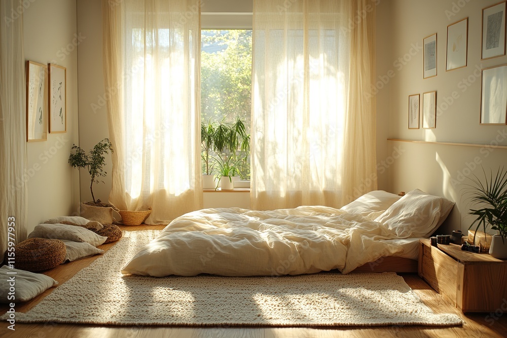Fototapeta premium Bright and airy bedroom features soft bedding and warm sunlight