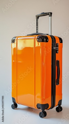 Bright orange travel suitcase with wheels and extendable handle for convenien...