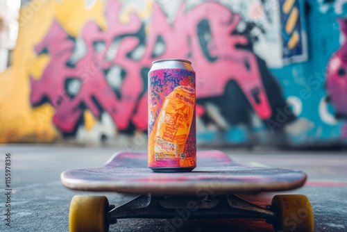 Graffiti-Inspired Drink Can on a Skateboard