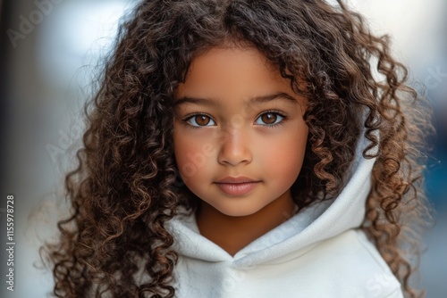 Young girl with curly hair wearing white hoodie in bright indoor space