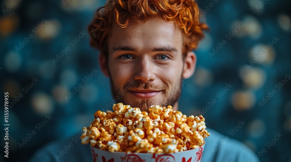 Naklejka premium Young man enjoying a large bowl of popcorn while smiling brightly at a gathering