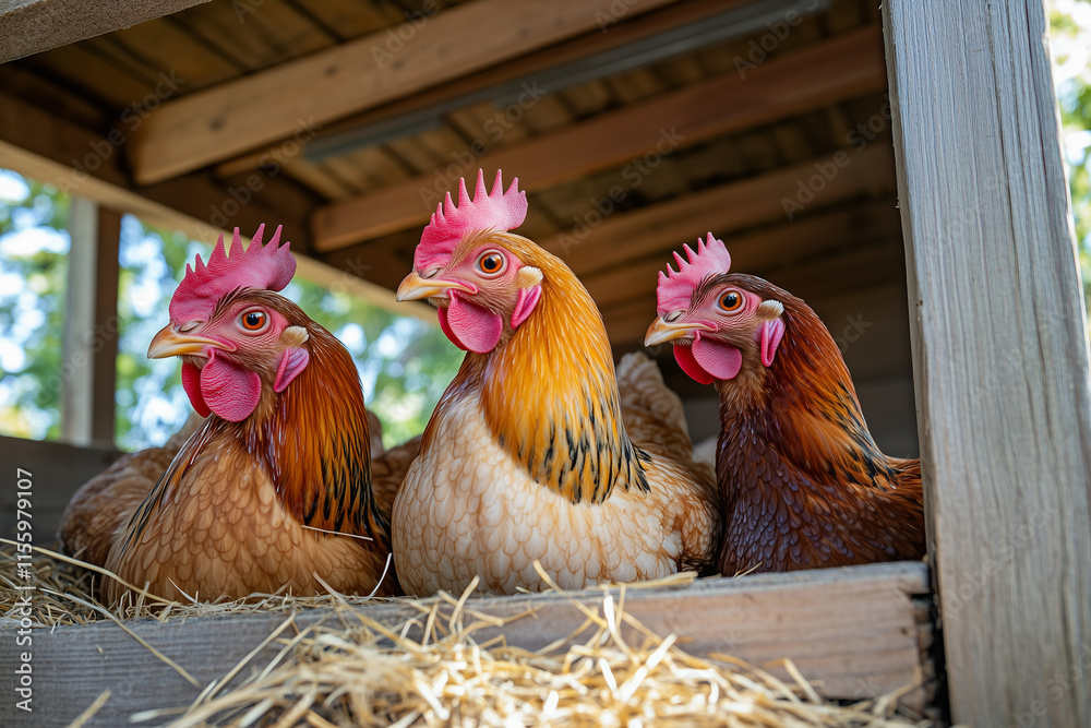 Fototapeta premium Three chickens are sitting on a wooden platform with straw. They are all brown and white