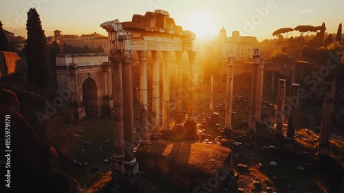 Rome, Italy's Roman Forum. vintage columns. remains of a Roman town in ancient Italy. The Vittoiano Museum is located beneath Piazza Venecia Square on the Capitoline Hill (Capitolium).  photo