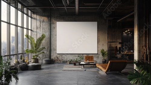 A large blank canvas hangs in a modern industrial loft apartment. The space is decorated with plants, leather furniture, and a minimalist aesthetic.