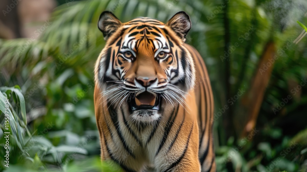 Majestic tiger in lush green foliage, its intense gaze captivating. Striking orange and black stripes contrast beautifully against the vibrant backdrop. Majestic tiger in lush green foliage, its intense gaze captivating. Striking orange and black stripes contrast beautifully against the vibrant backdrop.