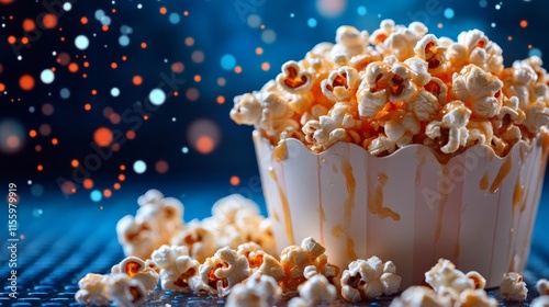 Fresh popcorn in a striped cup with warm bokeh background during a cozy evening